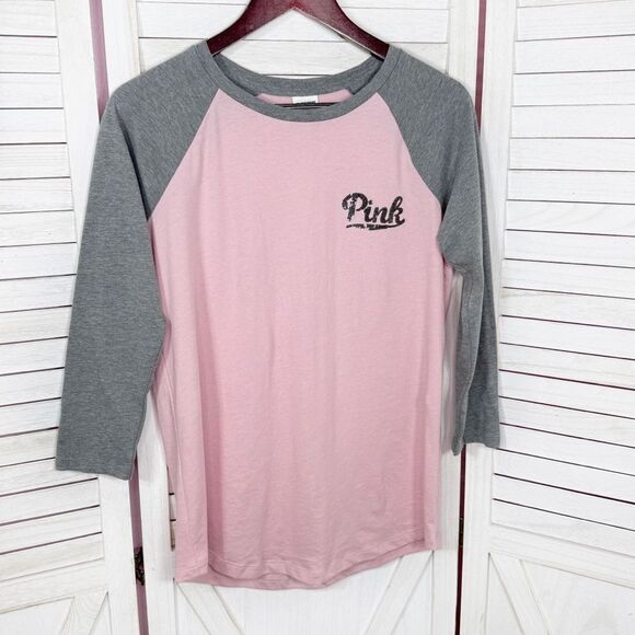 Victorias Secret Pink Sequin Logo Baseball Tee Shirt Pink Grey Medium - Picture 7 of 12
